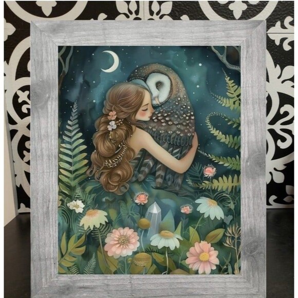 Set 4 Framed Spirit Animal Raven Crow Fox Owl Wolf Hug Crystals Prints - Picture 5 of 5